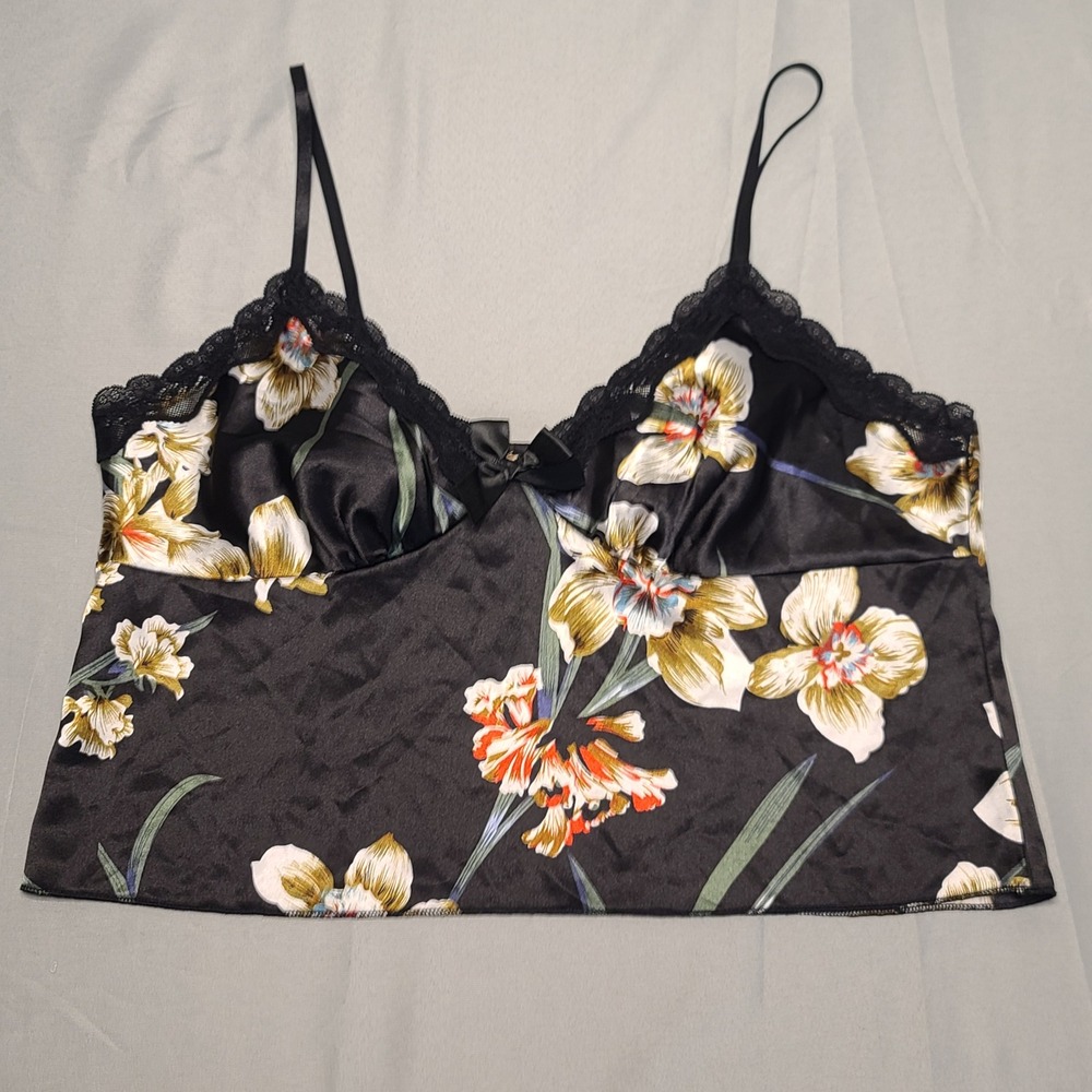 Coquette Floral Satin Camisole Women Medium‎ Black Lace Trim Adjustable Straps